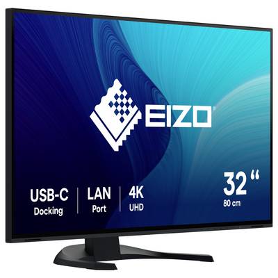 EIZO 32-inch 4K UHD-monitor met USB-C docking en LAN-poort, weergegeven op een standaard tegen een blauwe schermachtergrond.