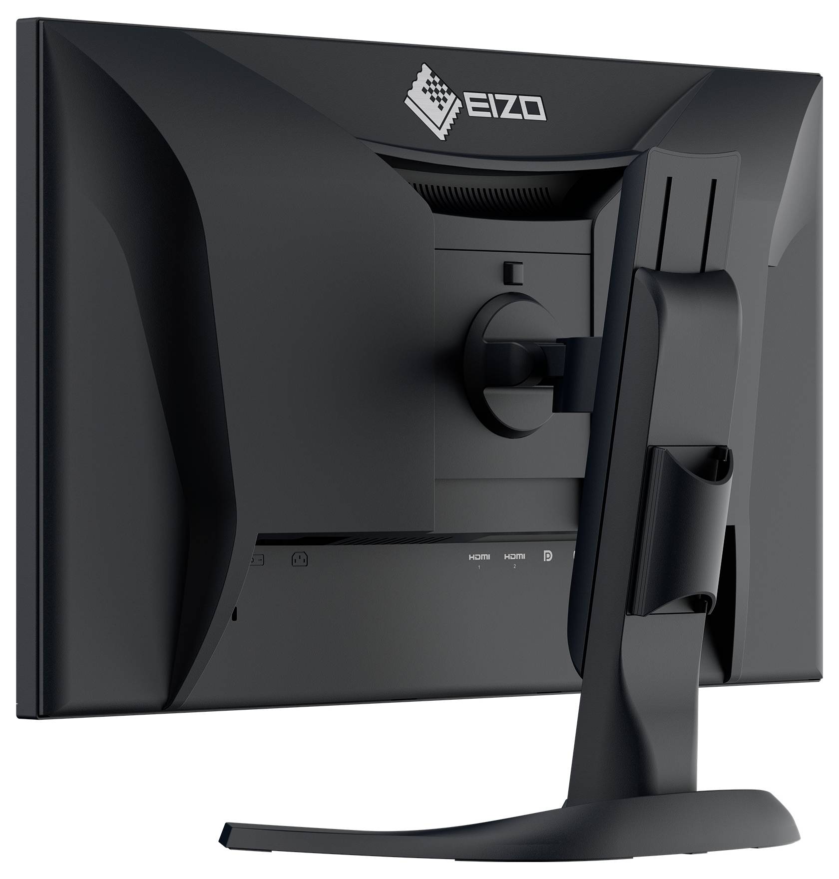 Achteraanzicht van een EIZO-computermonitor met verstelbare standaard en achterste invoerpaneel.