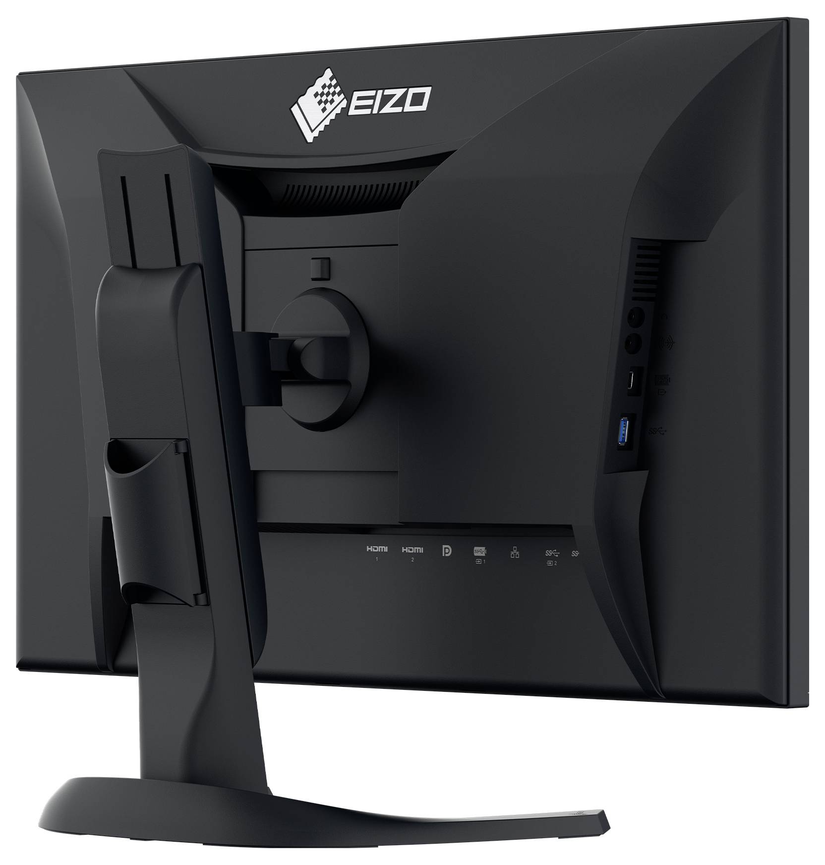 Achteraanzicht van een zwarte EIZO-computermonitor op een standaard, met zicht op de beugel, aansluitingen en gebogen achterontwerp.