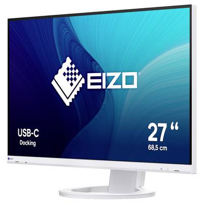 EIZO 27-inch USB-C dockingmonitor met blauwe abstracte weergave, weergegeven op een standaard.