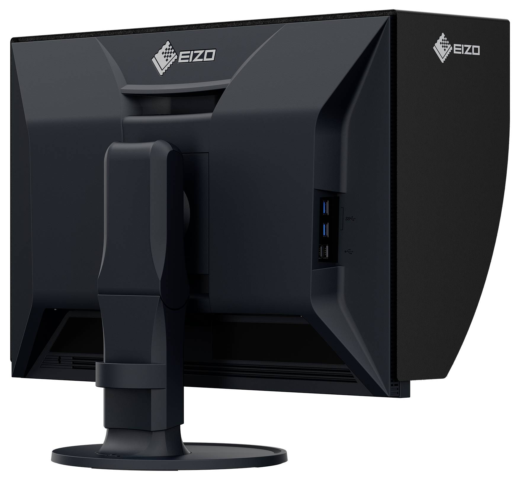 Achterkant van een EIZO-computermonitor met standaard, met zijdelingse USB-poorten en ventilatie op een witte achtergrond.