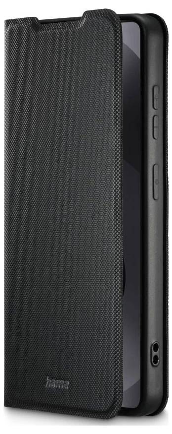 Zwarte gestructureerde flipphonecase die een smartphone bedekt, met zijkanten knoopuitsnijdingen en voorkant gesloten.