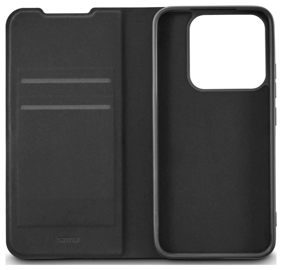 Zwart folio-stijl smartphonehoesje met een voorcover en verhoogde cameraopeningn op het achterpaneel.