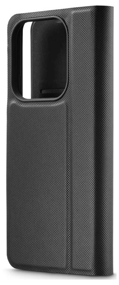 Zwart gestructureerde hoesje voor telefoon met een grote rechthoekige camera-uitsparing dichtbij de bovenkant.