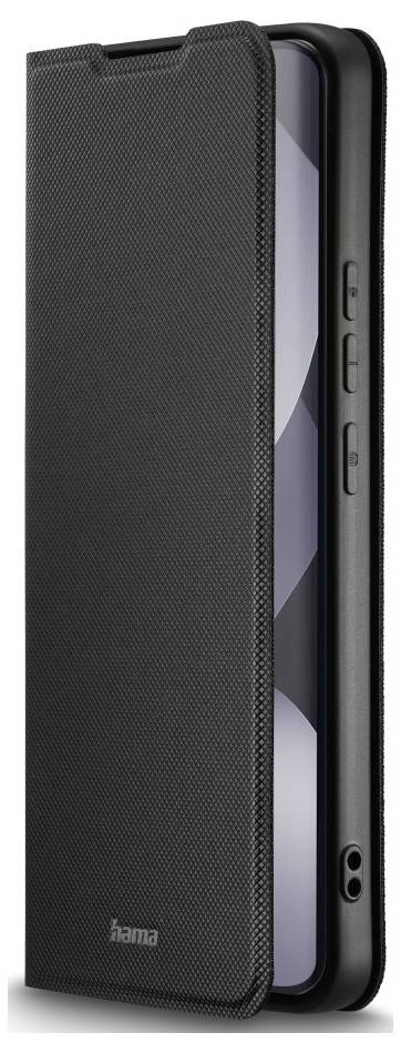 Zwart folio-stijl tablethoesje met gedeeltelijk open cover, met zicht op het tabletscherm en zijknoppen.