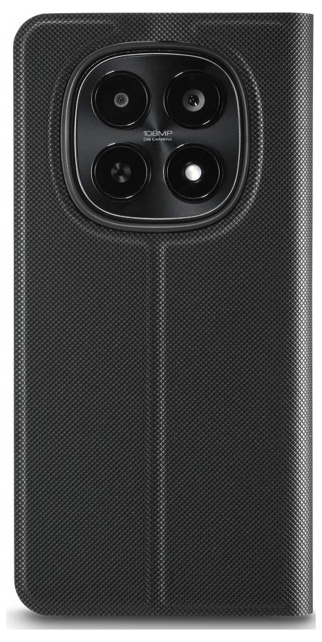 Achterkant van een zwarte smartphone met getextureerde hoes en een groot vierkant cameramodule met vier lenzen dicht bij de bovenkant.