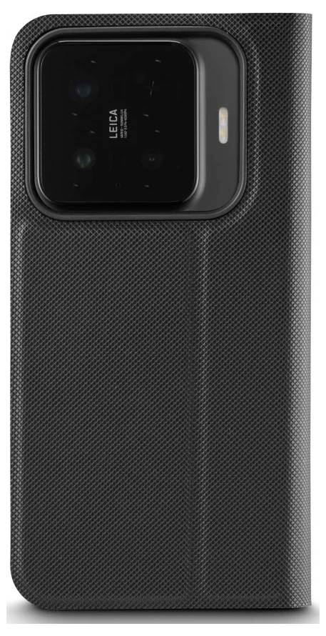 Achterkant van een zwarte smartphone met een getextureerde hoes, met een groot vierkant Leica-cameramodule aan de bovenkant.