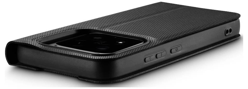 Zwart gestructureerd smartphonehoesje weergegeven in schuine zijweergave, met grote uitsnede voor achtercamera en zijkant knopopeningen.