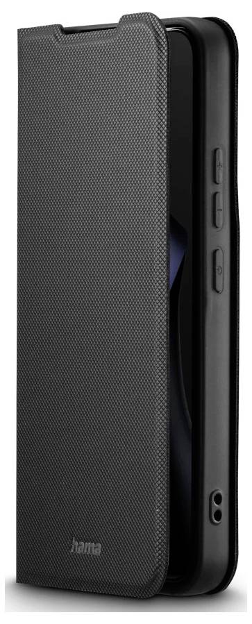 Zwart gestructureerd flip-telefoonhoesje met magnetische cover, gesloten weergegeven ter bescherming van het apparaat