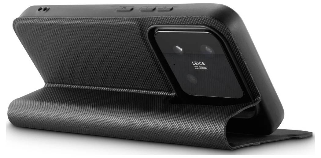 Gevouwen zwarte smartphone weergegeven van achteren, met een verheven Leica-gelabelde cameramodule en een gestructureerd scharnier ontwerp.