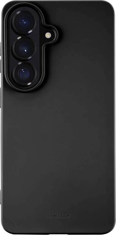 Zwart smartphonehoesje met drie uitsnijdingen voor achteraacamera's en een opening voor de flitser, weergegeven van achteren.