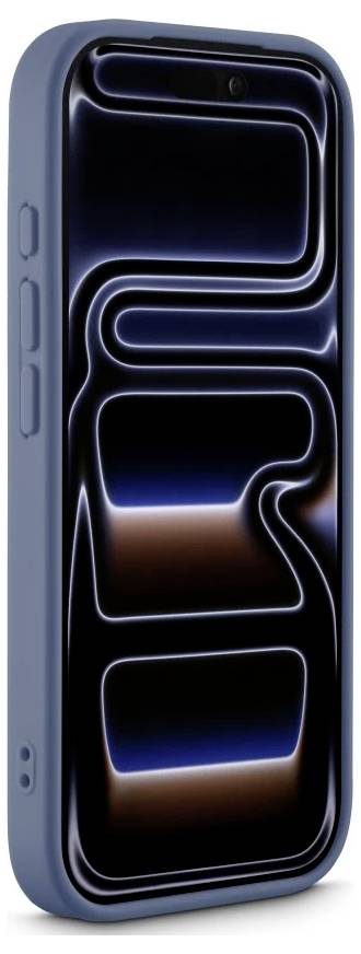 Vooraanzicht van een smartphone met een donker abstract neon-gelijnde display en blauw frame, rechtop weergegeven tegen een witte achtergrond.
