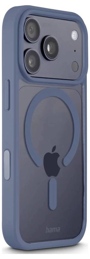 Blauwe iPhone-hoesje met een MagSafe-stijl cirkelring en een grote camerasuitsnijding aan de achterkant, weergegeven in een productfoto.
