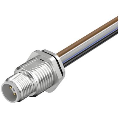 Close-up van een metalen schroefverbinding voor kabelconnector met drie bevestigde draden op een witte achtergrond.