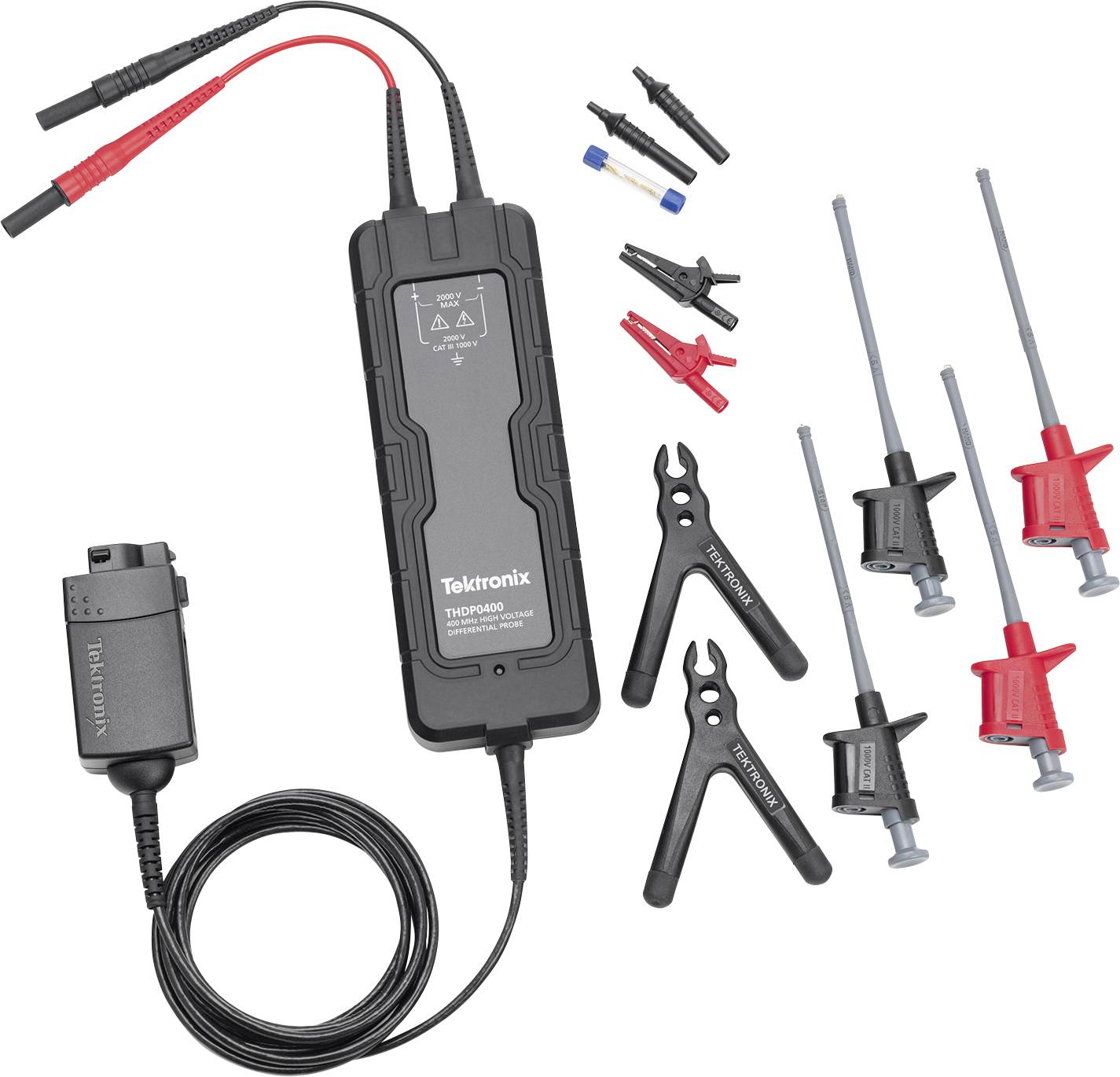 Tektronix THDP0200 hoogspannings-differentiaalprobe met snoeren, adapterklemmen, aardingshaken en probeaccessoires.