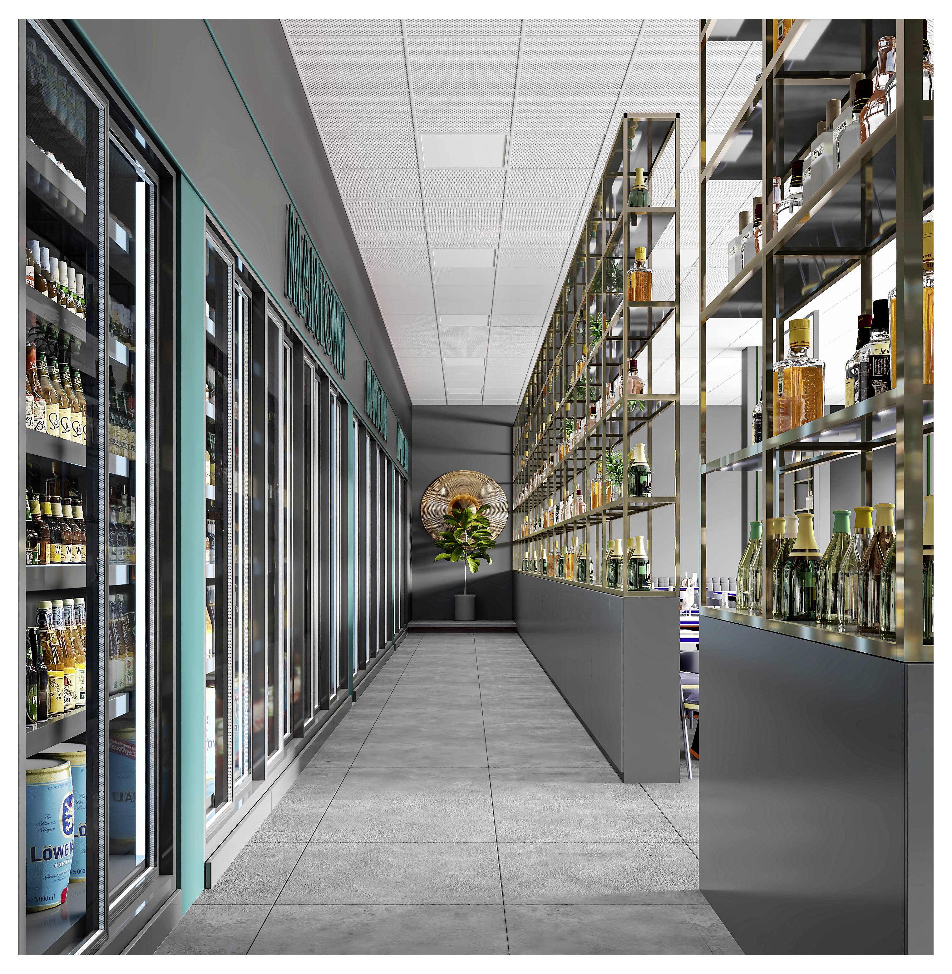 Moderne supermarktgang met gekoelde drankkasten aan de linkerkant en hoge likeurkastjes aan de rechterkant, uitkomend op een achterwand met een plantendisplay.