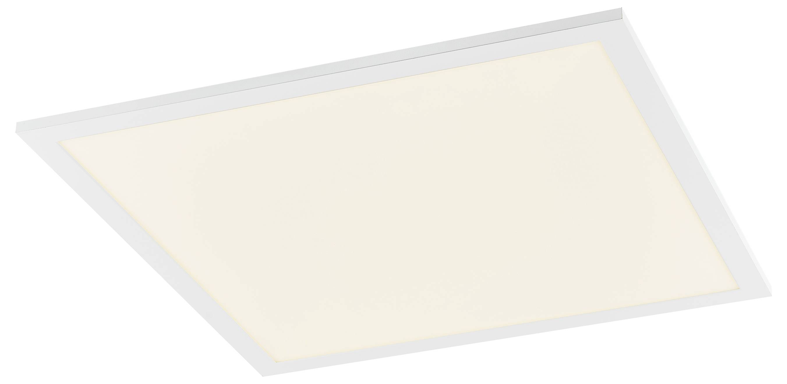 Een ingebouwde rechthoekige plafondlichtpaneel met een zacht warm schijnsel, bekeken onder een hoek op een witte achtergrond.