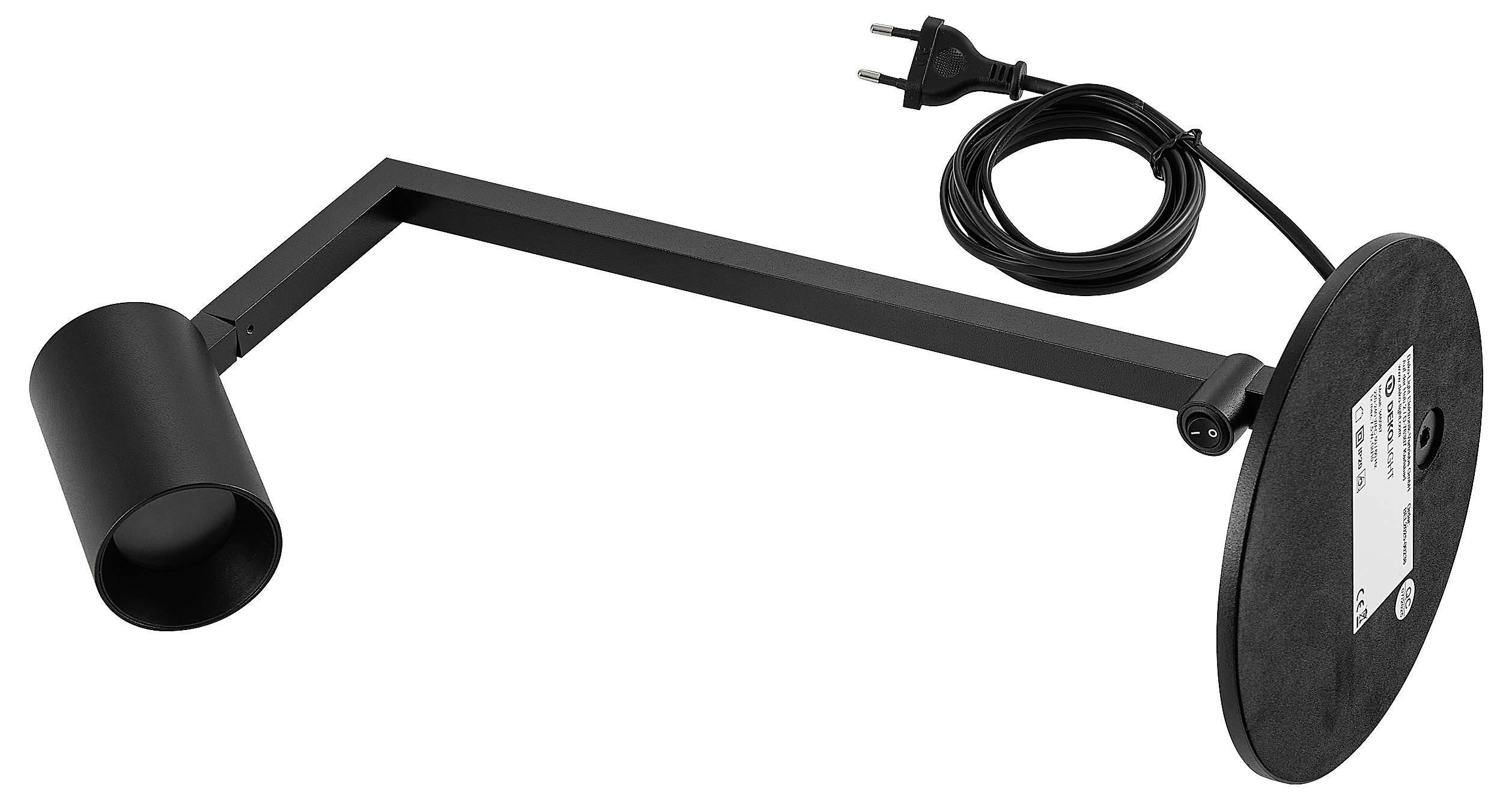 Zwart verstelbaar stekkerklaar armatuur met cilindrische kap, gelede arm, ronde montagevoet en aangesloten netsnoer.