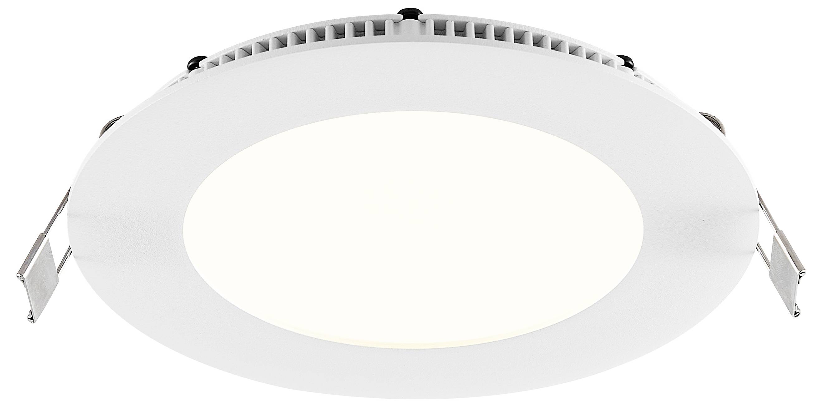 Rond inbouw-LED plafondlamp met witte rand en zijdelingse veerklemmen, weergegeven van onderaf op een witte achtergrond