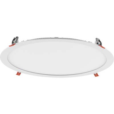 Rond wit inbouw-plafondlicht met veerclips voor montage, weergegeven van onderaf op een witte achtergrond.