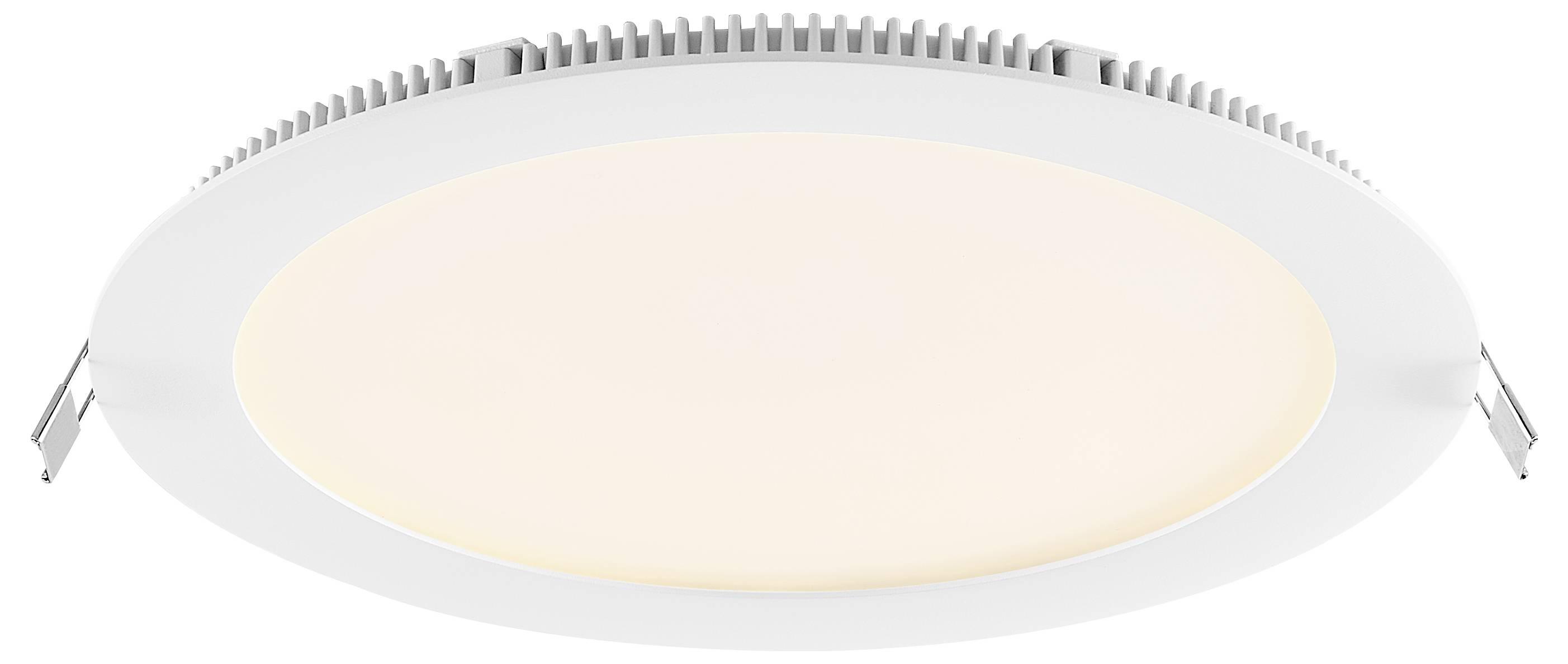Rond inbouwplafondlicht met een gloeien warm-wit middendeel en witte rand, weergegeven in een productweergave op een effen achtergrond