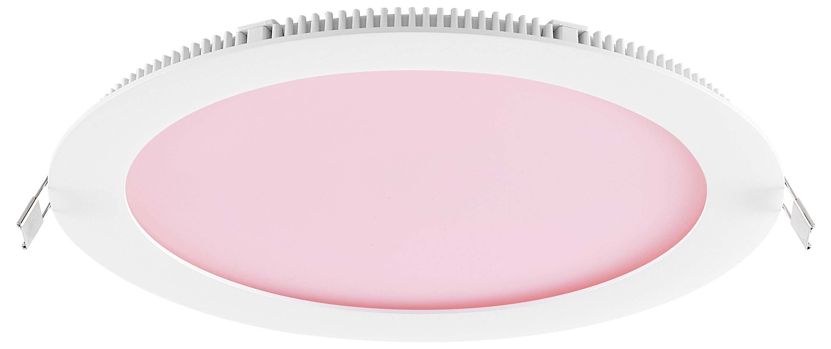 Rond wit plafondlicht met een roze verlicht centrum, afgebeeld van onderaf tegen een eenvoudige achtergrond.