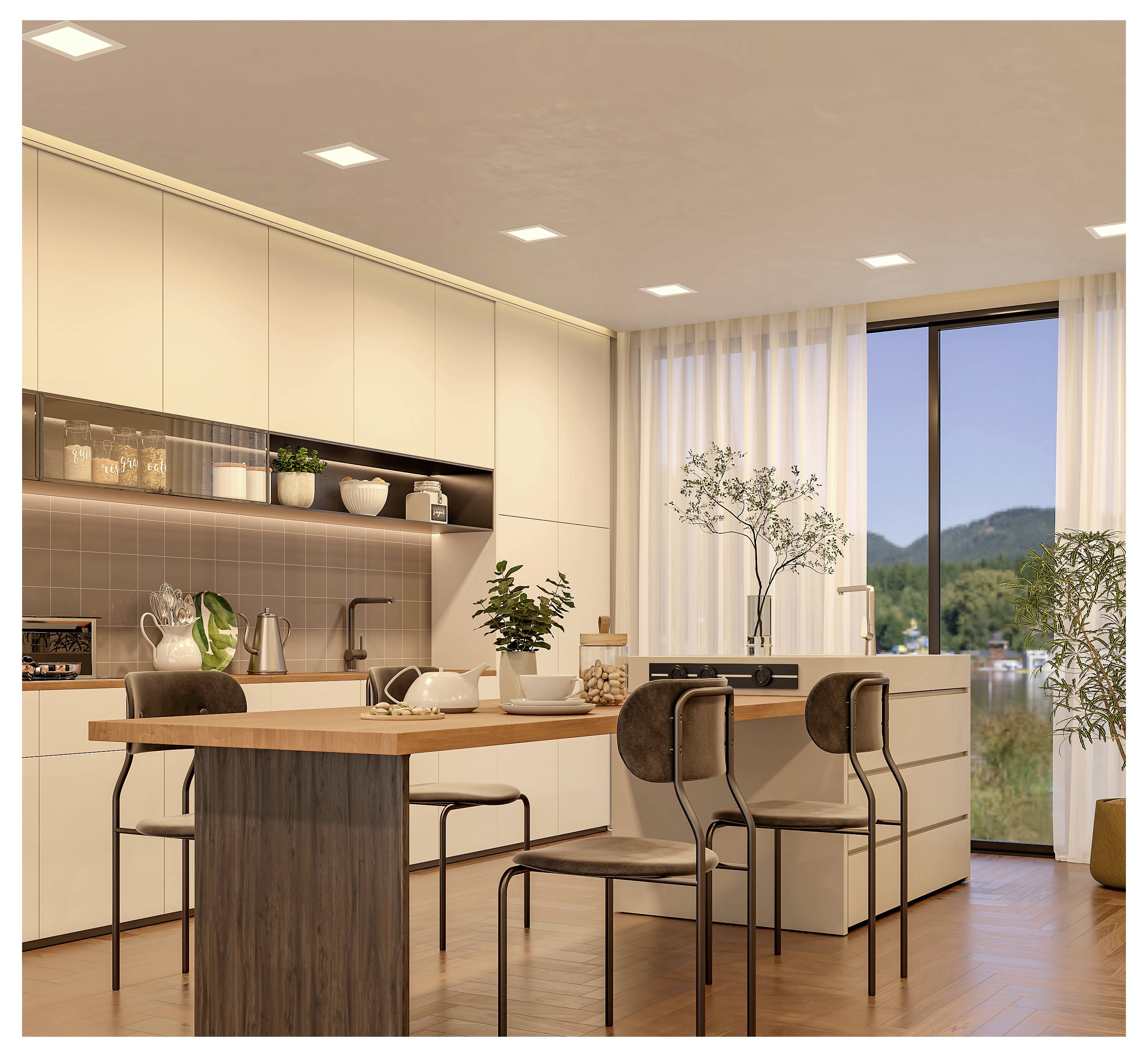Moderne keuken met houten eiland, twee krukken, witte kasten, open planken en groot raam met uitzicht op bergen.