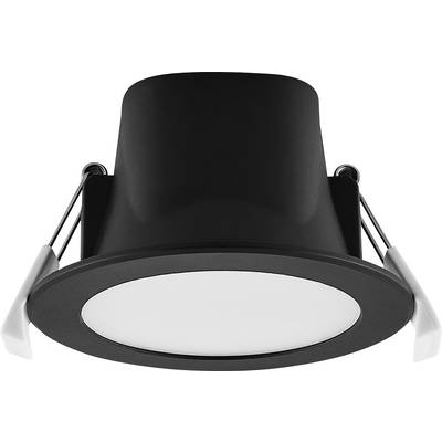 Zwarte ingebouwde ronde LED-inbouwspot met witte diffuser en veerbelastingsclips, weergegeven tegen een witte achtergrond.