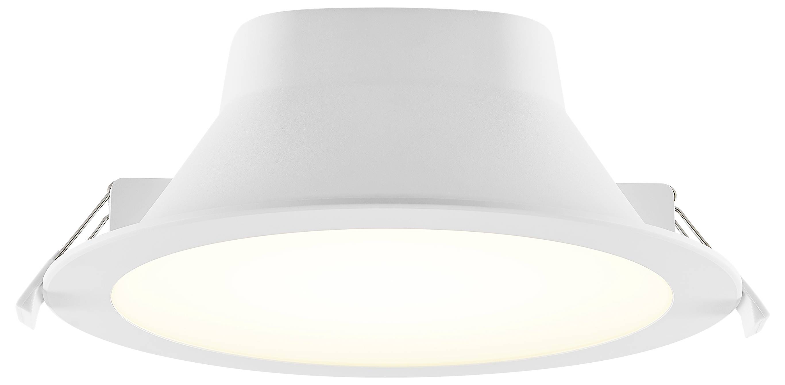 Witte ingebouwde LED-downlight met ronde diffuser en zilveren rand, getoond van onderaf op een effen achtergrond.