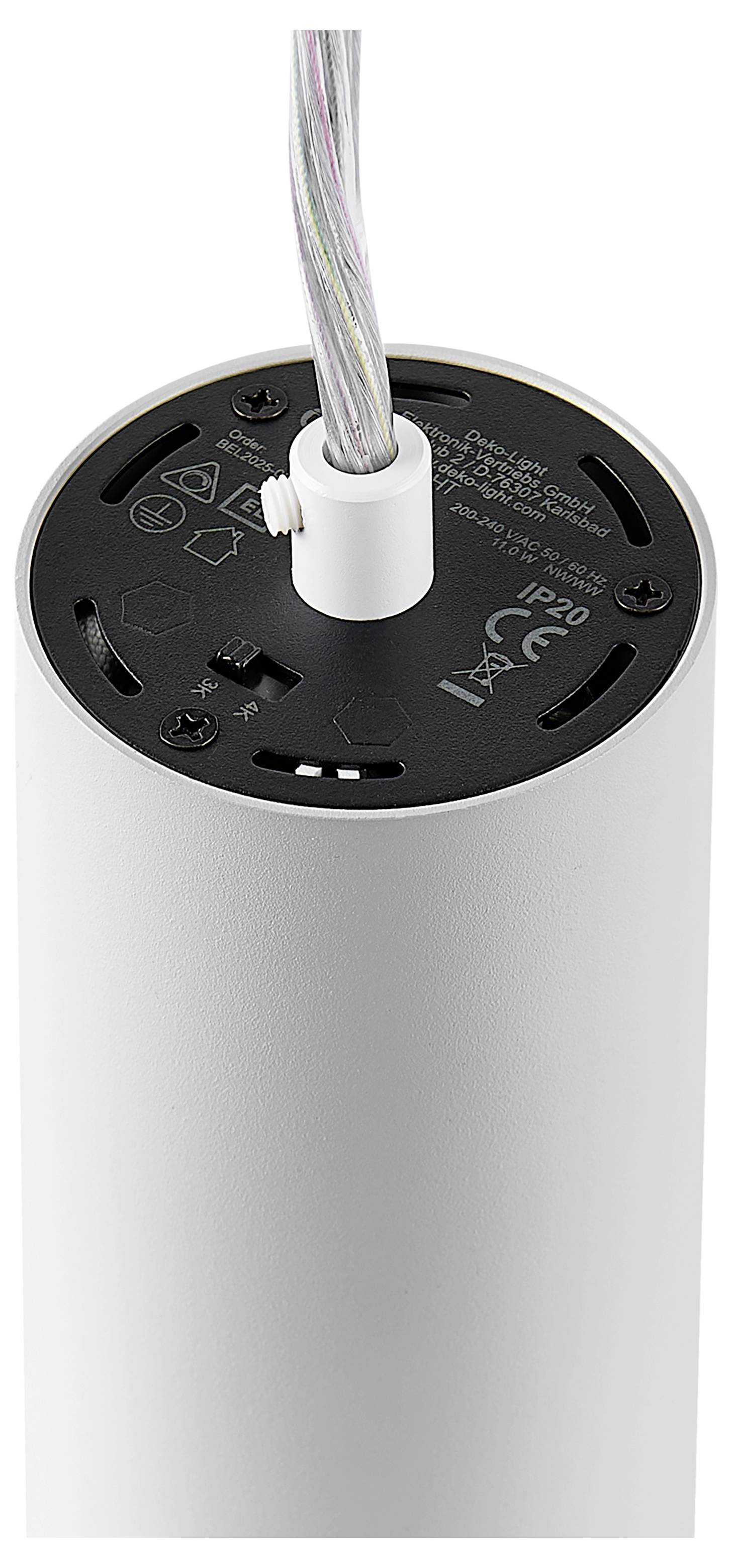 Close-up van een wit cilindrisch apparaat met een zwart bovenkap gelabeld IP20, met een kabel die door een centrale witte connector naar buiten komt.