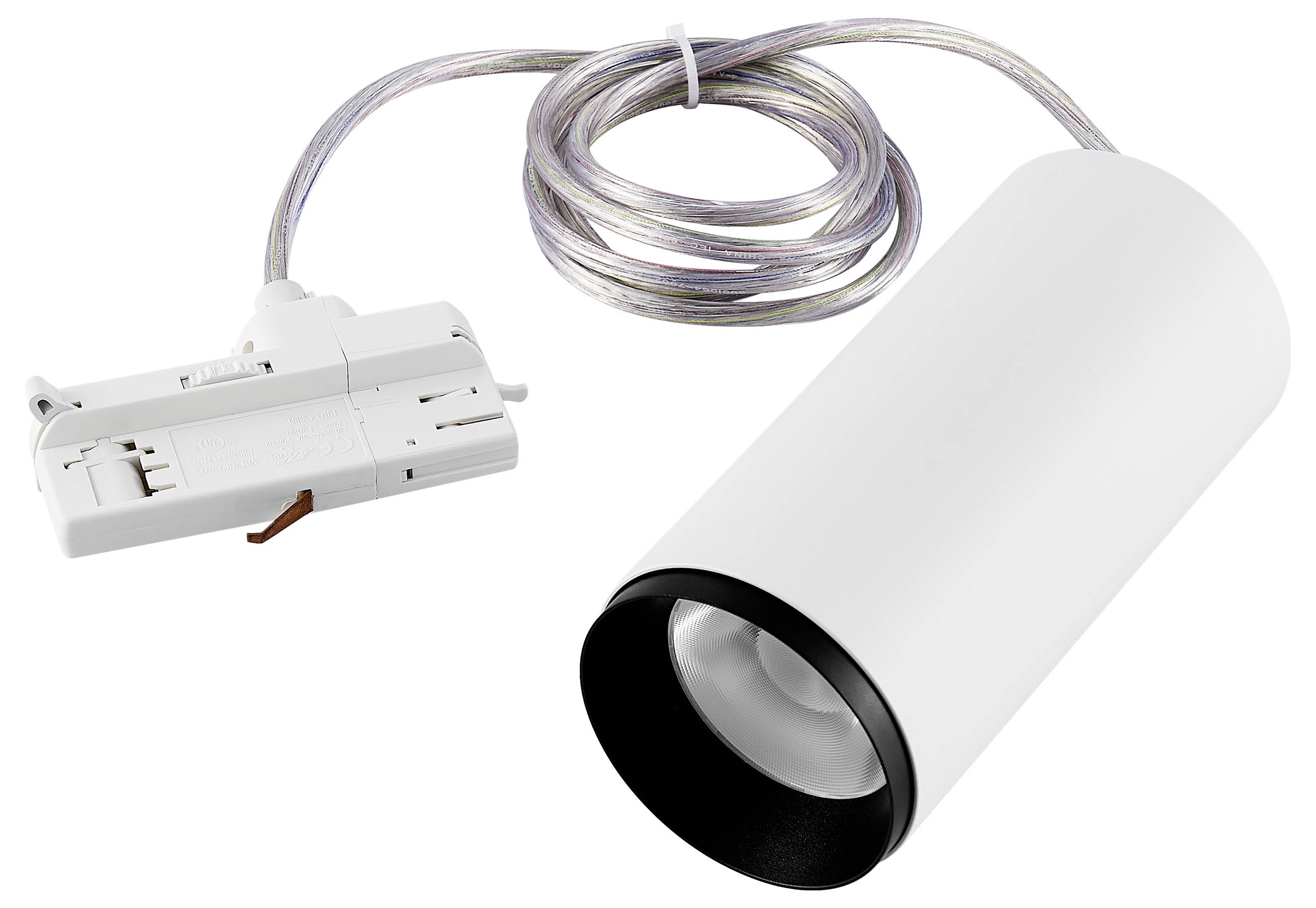 Wit cilindrisch spoorrailverlichting met zwarte voorkant, bevestigd aan een plafondraailconnector met een spiraalvormige kabel.