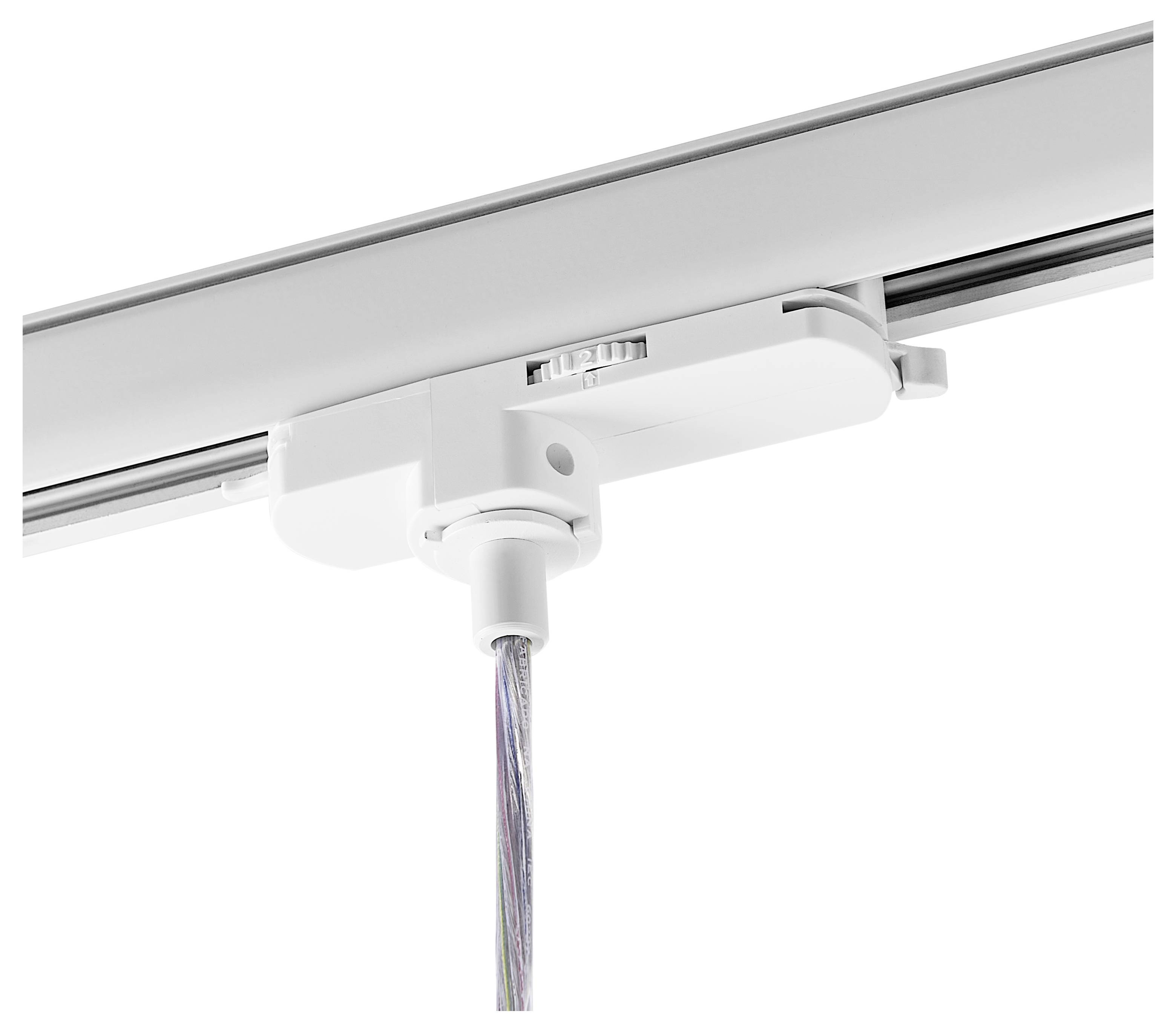 Witte railverlichting bevestigd aan een plafondrail, met een hangend stroomsnoer eronder bevestigd.