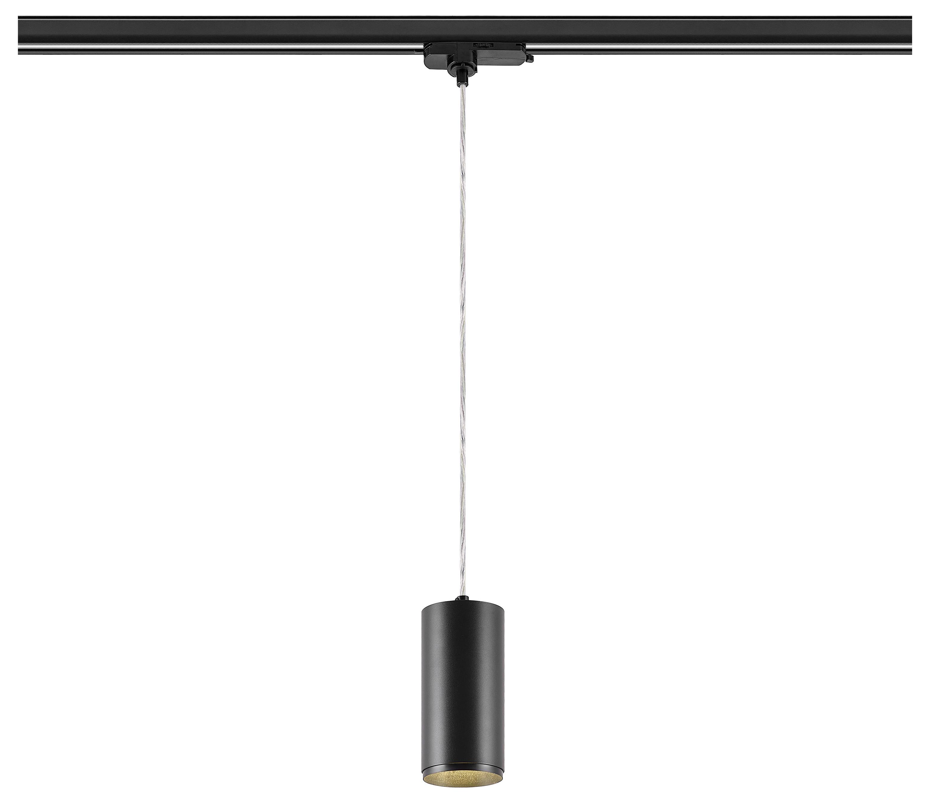 Zwarte cilindrische hanglamp aan een plafondrail opgehangen aan een dun koord, weergegeven op een witte achtergrond.