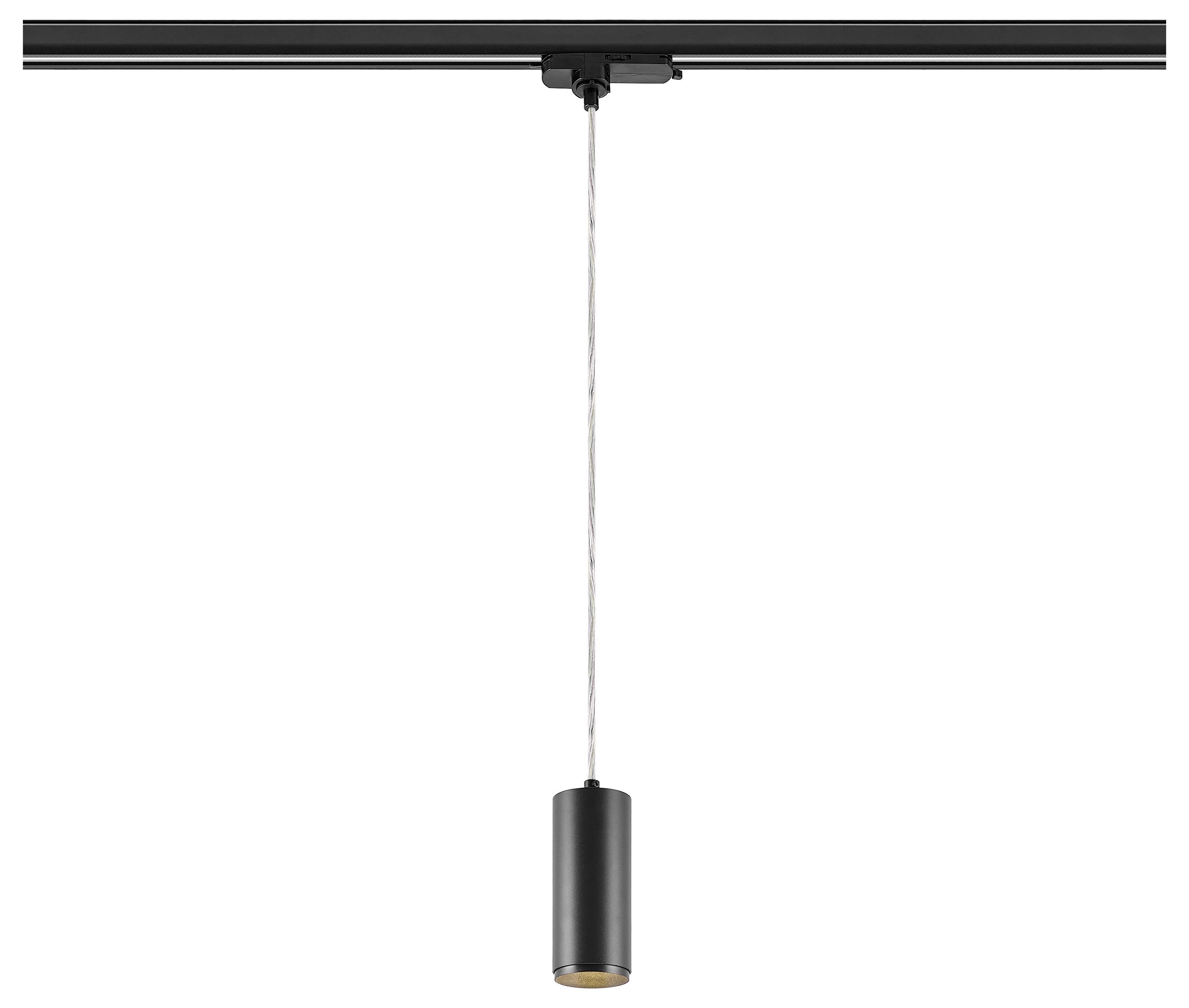 Zwarte cilindrische hanglamp opgehangen aan een plafondrail op een witte achtergrond.