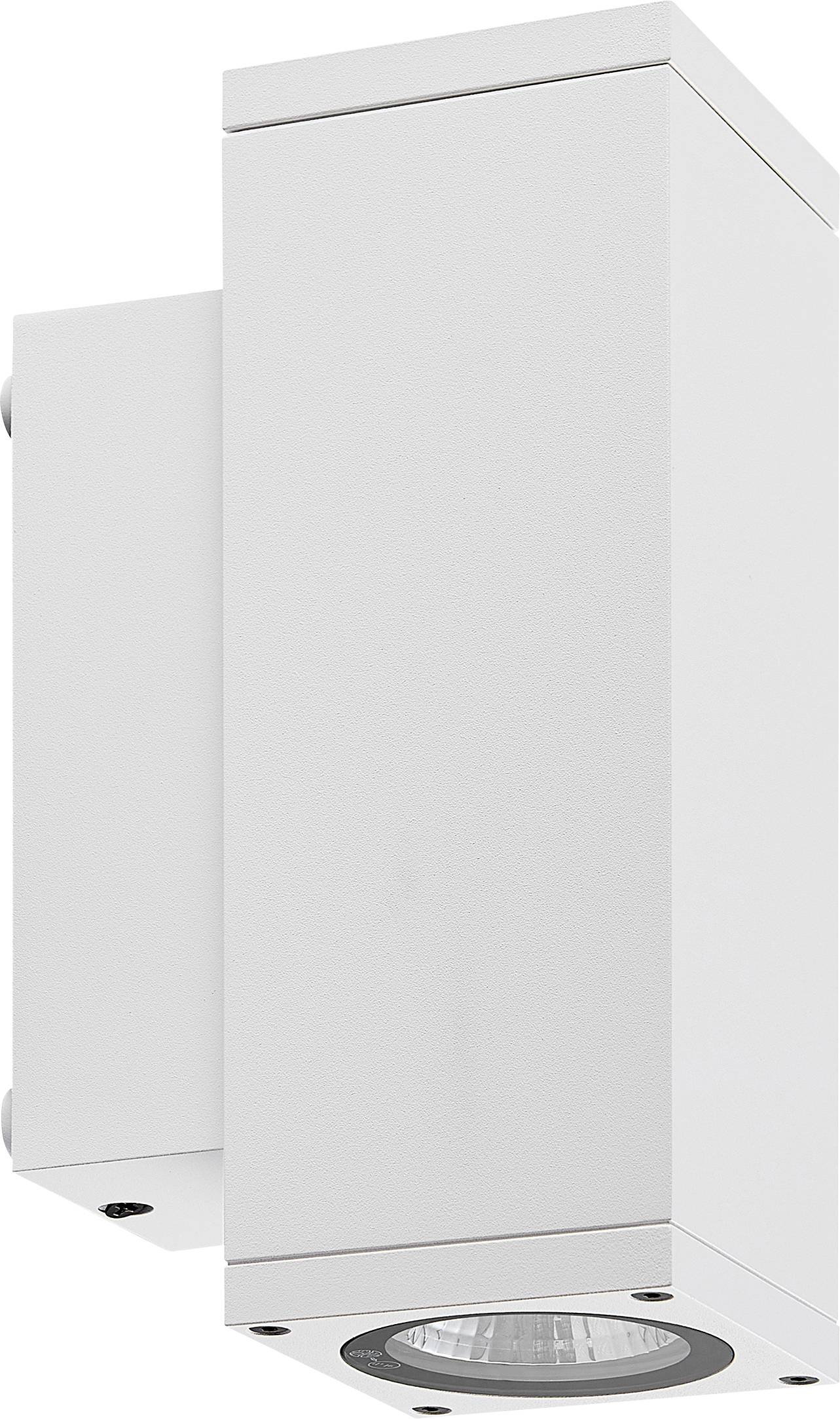 Witte aan de muur bevestigde buitenverlichting met een rechthoekige behuizing en circulaire lamp aan de onderkant