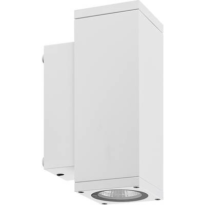 Witte aan de muur bevestigde buitenverlichting met een rechthoekige behuizing en circulaire lamp aan de onderkant