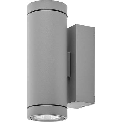 Moderne grijze cilindrische wandlamp met een rechthoekige montagebeugel en naar beneden gericht licht.