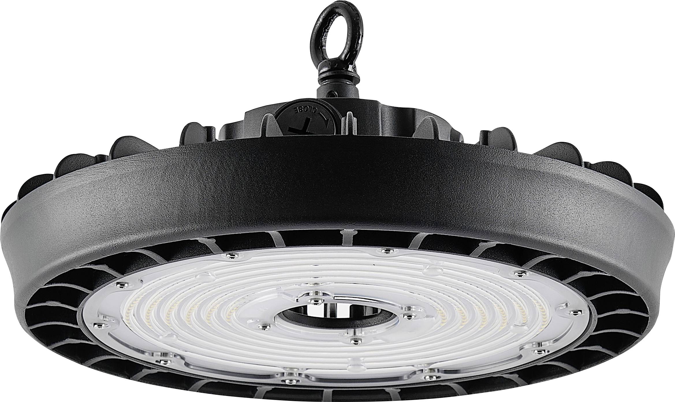 Zwart industrieel hangend LED-hoogbouwlicht gezien van onderaf, met zichtbare cirkelvormige vinnen en centrale lenssamenstelling.