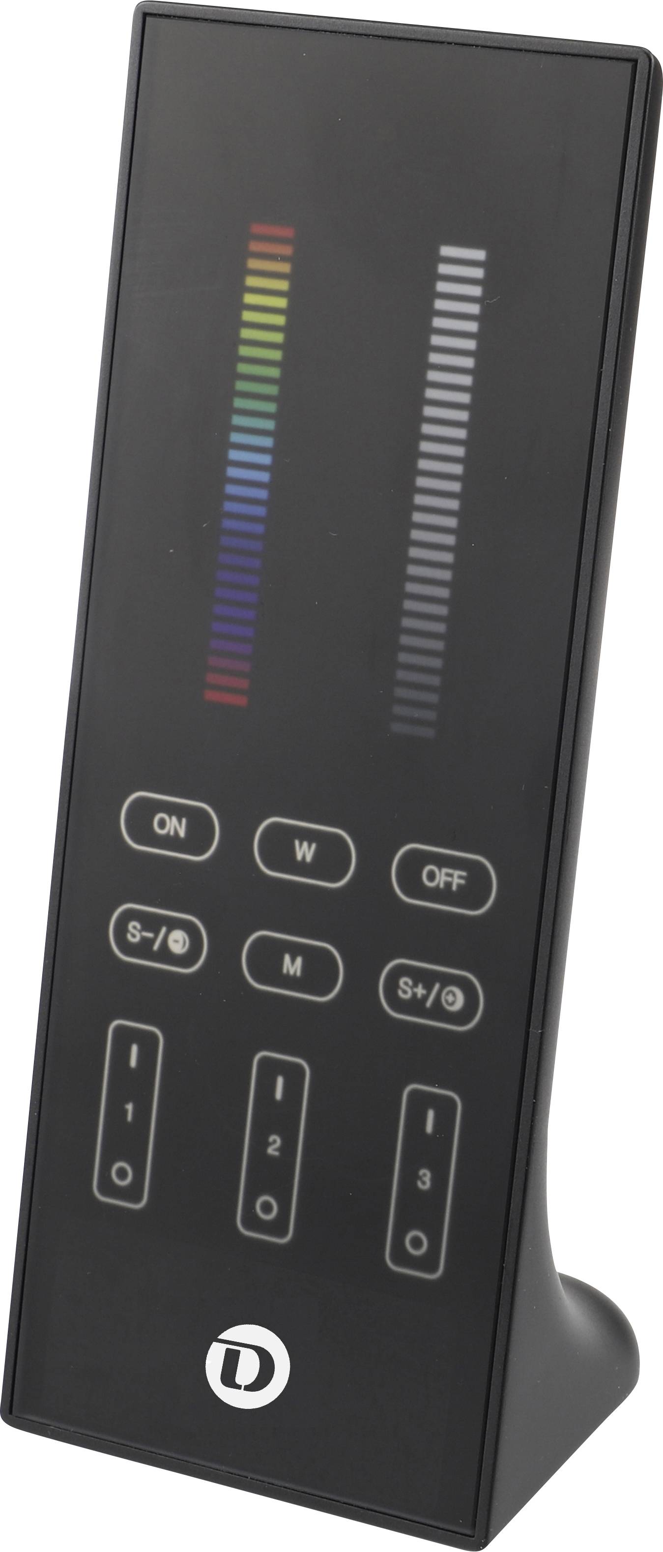 Zwarte LED-lichtcontroller afstandsbediening met ON, W, OFF en S-/M/S+ knoppen, plus verticale kleur- en helderheidsbalken.