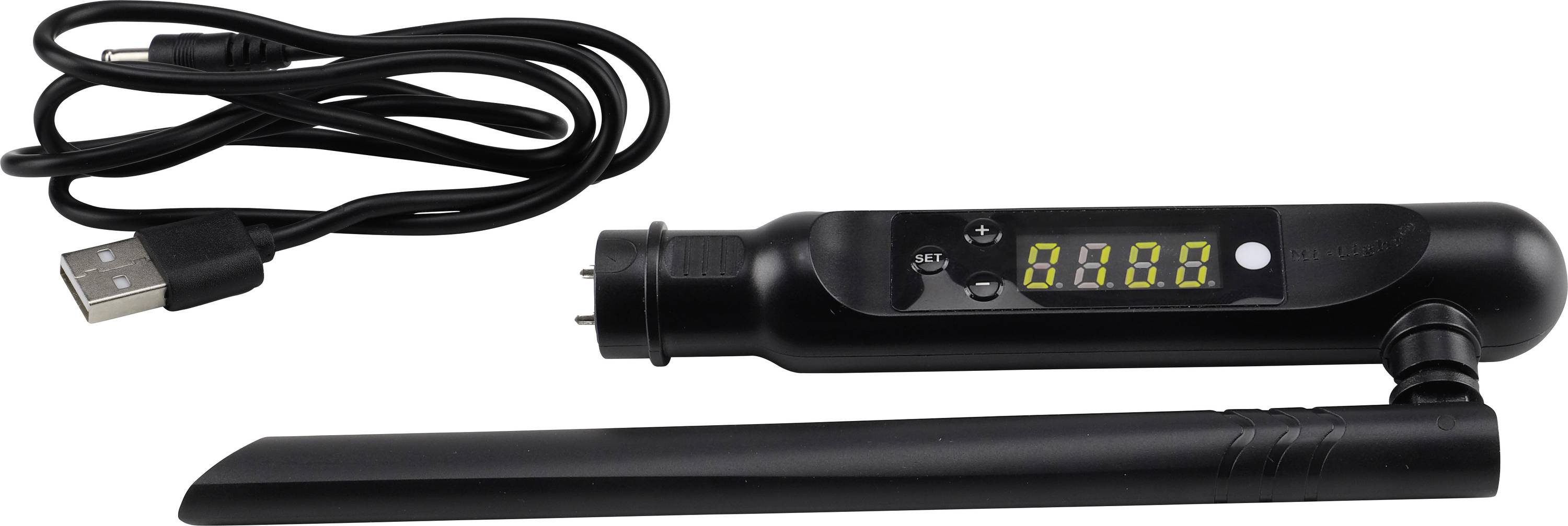 Zwarte USB-aangedreven UV-lamp kit met stroomkabel en digitaal display met weergave 8888, plus lange lamptube bevestigd aan de hoofdeenheid.