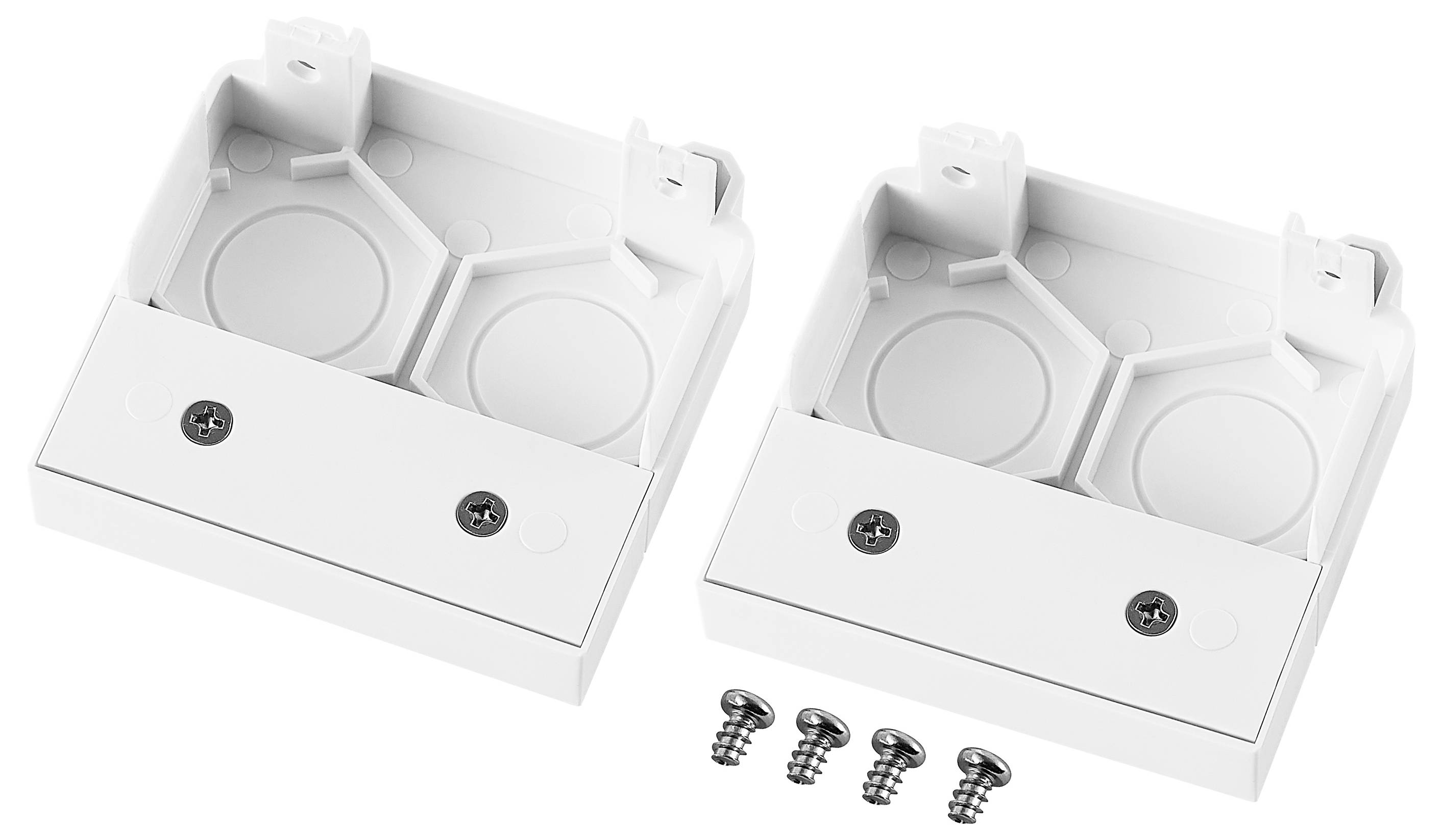 Witte plastic behuizingsdoos weergegeven in twee aanzichten, één met vier schroeven eronder, illustrerend een hardwareinstallatiepakket.