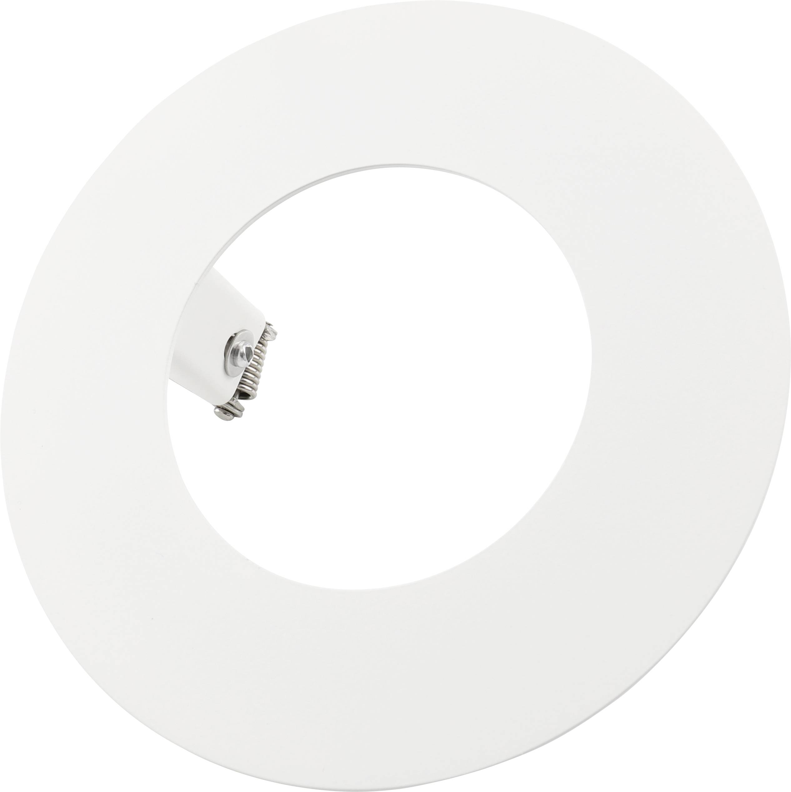 Wit rond ingebouwd LED-plafondlicht met een centrale opening en zichtbare veerklem aan één zijde.