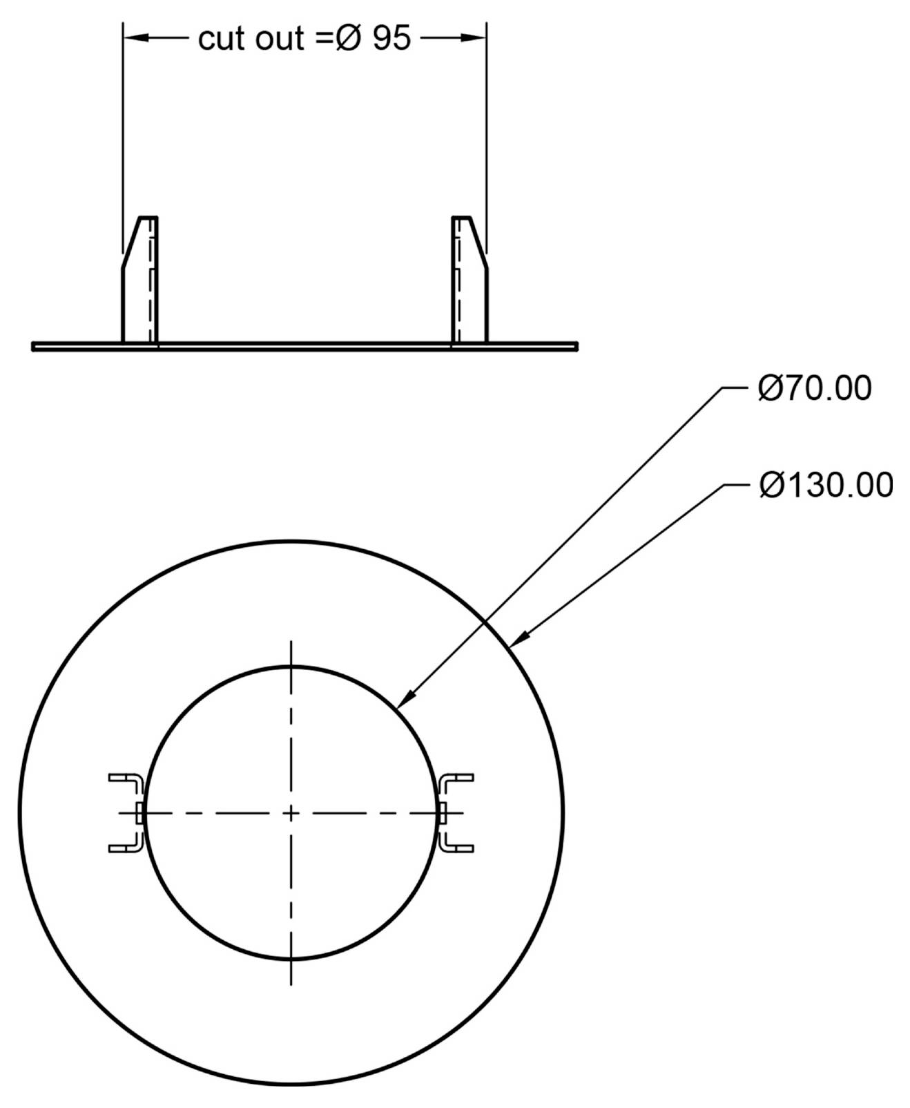 Technische tekening van een cirkelvormige uitsparing: bovenaanzicht toont buitendiameter Ø130,00 en binnendiameter Ø70,00; zijaanzicht toont de uitsparing Ø95.