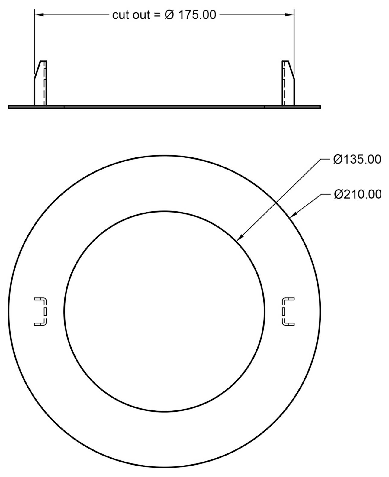 Technisch diagram van een ronde uitsparing en ringinzetstuk, met uitsparing Ø175.00 en ringdiameters Ø210.00 buiten en Ø135.00 binnen.