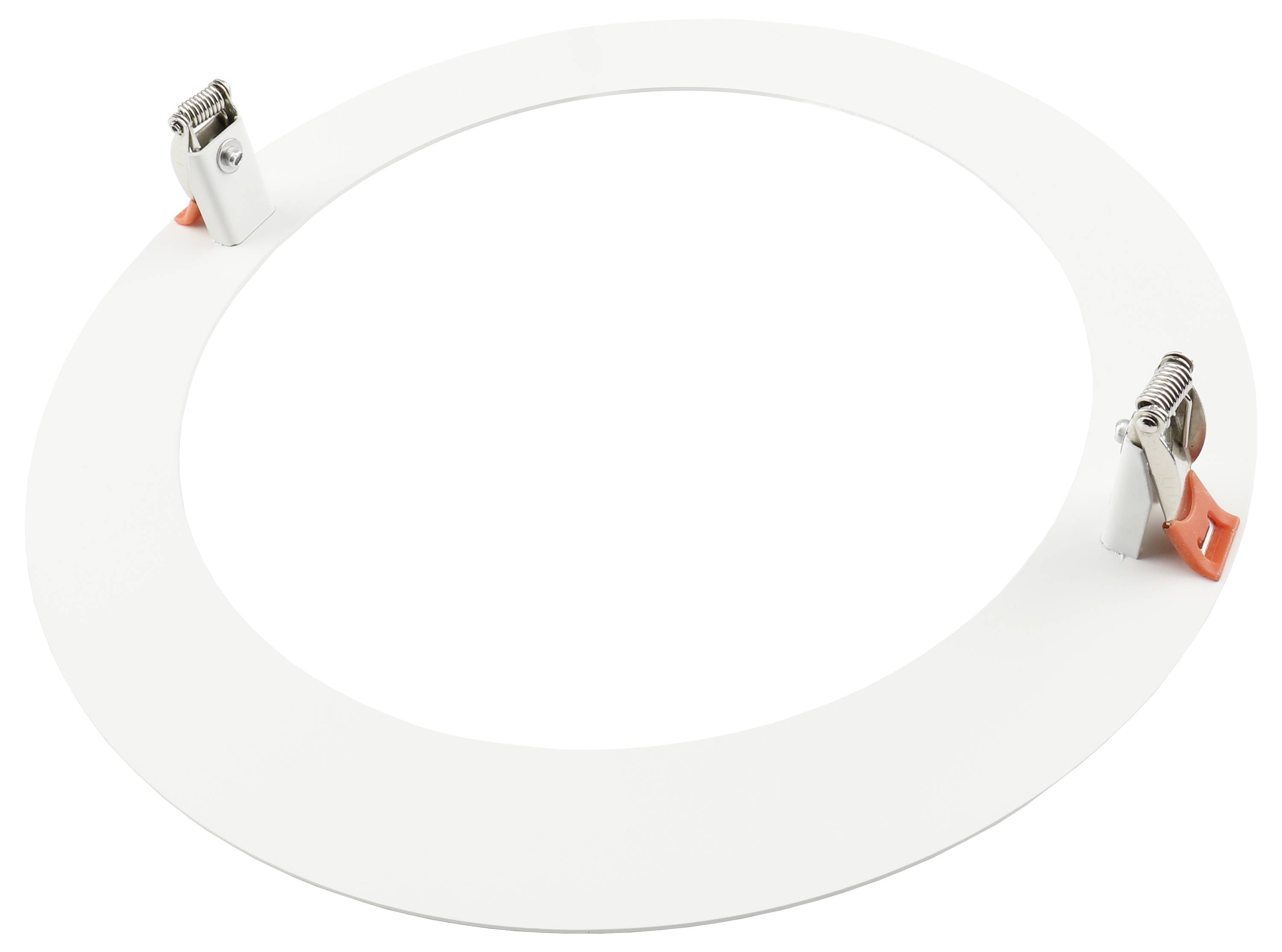 Witte cirkelvormige ring met twee veerclips eraan bevestigd, één aan de bovenkant links en één aan de rechtkant, op een effen achtergrond.