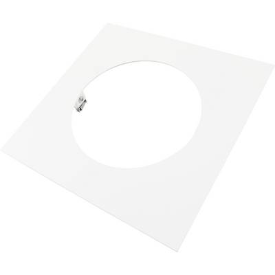 Wit vierkant paneel met een grote cirkelvormige uitsnede en een kleine metalen clip of scharnier aan de linkerkant, weergegeven op een effen achtergrond.