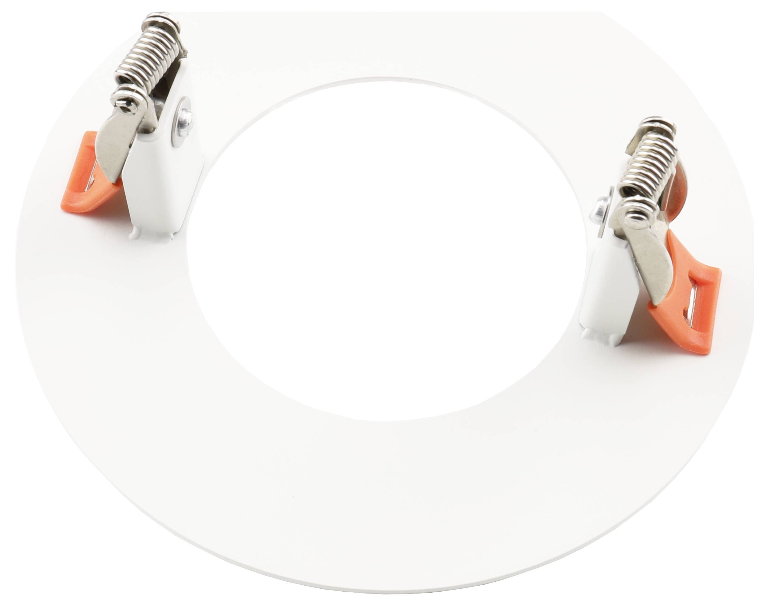 Blank wit circulair etiket of bord gehouden door twee metalen clips met oranje handvatten.