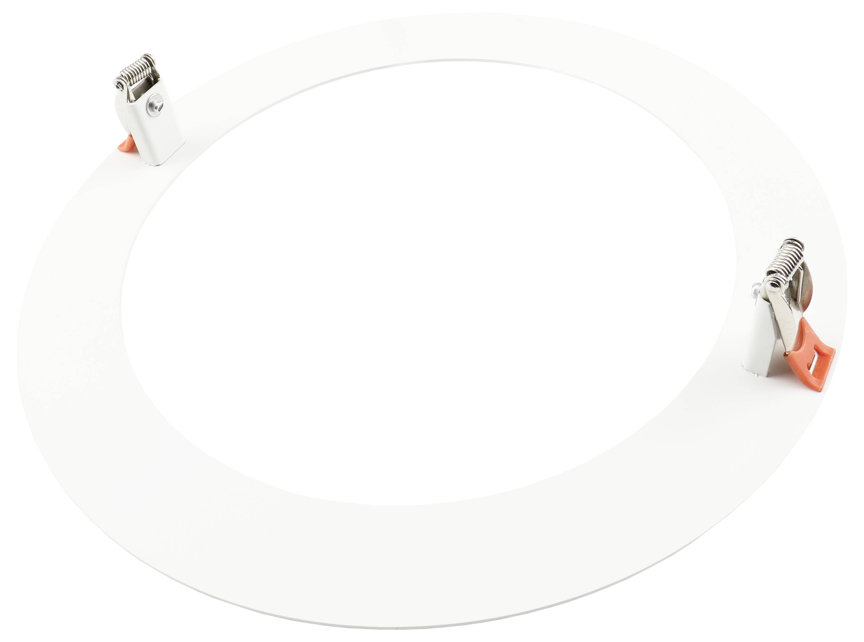 Blank wit circulair ring gehouden door twee kleine metalen veerclips op een witte achtergrond.