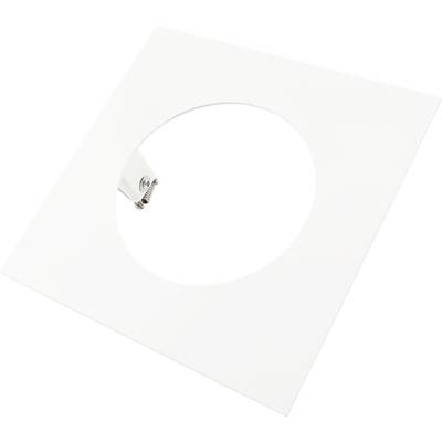 Wit vierkant paneel met een grote cirkelvormige opening, waarop een klein metalen scharnier- of veermechanisme aan de linkerrand zichtbaar is.