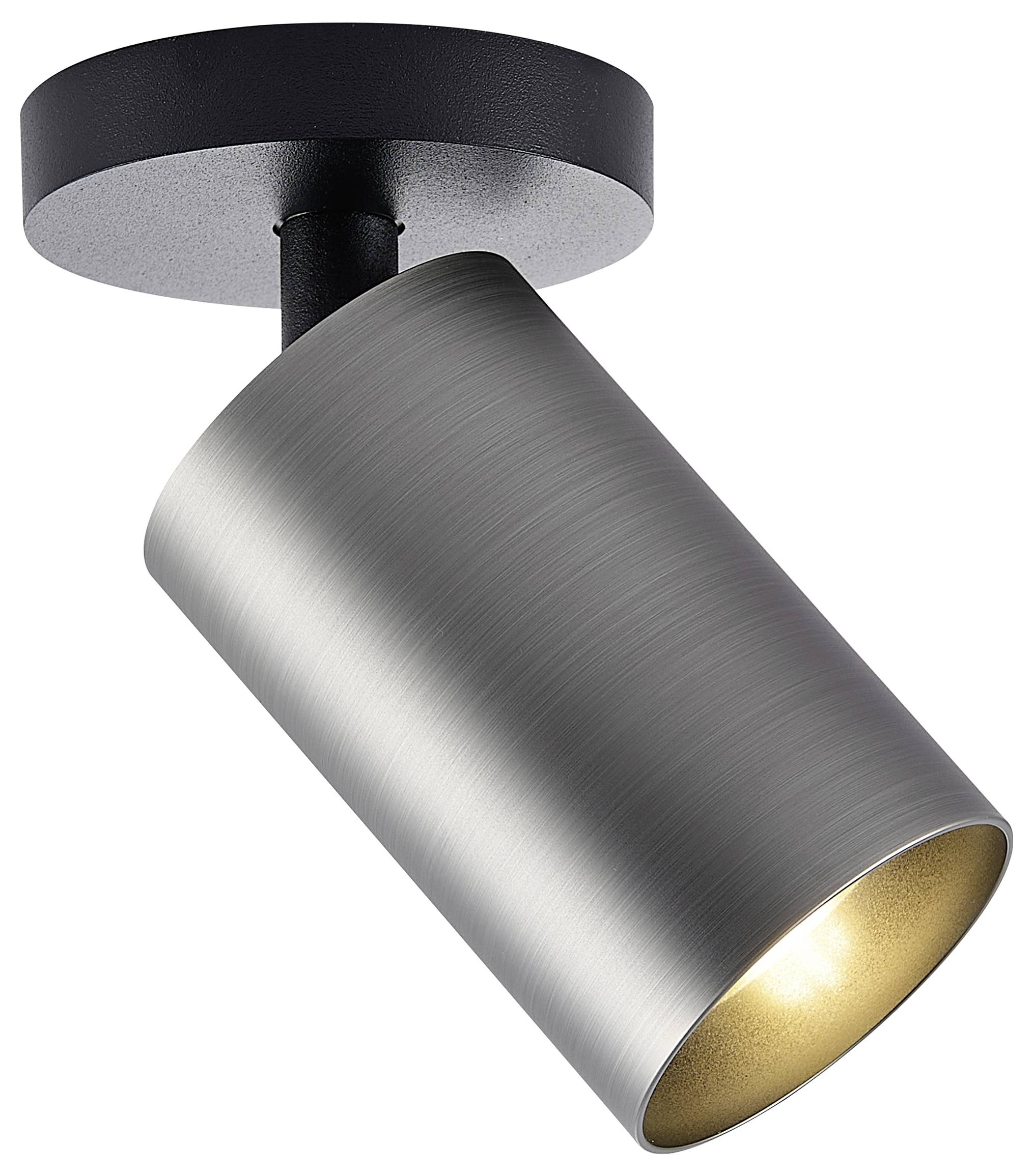 Moderne geborstelde metalen cilindervormige spotlightplafondlamp met zwarte bevestiging, naar beneden onder een hoek gericht en verlicht bij de opening.